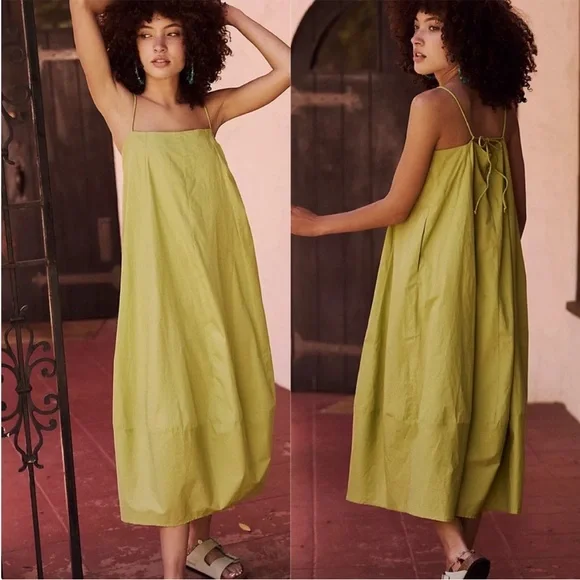 Free People Struttin Midi Cotton Chartreuse Green Dress Spaghetti Strap Sz Large - Picture 1 of 5